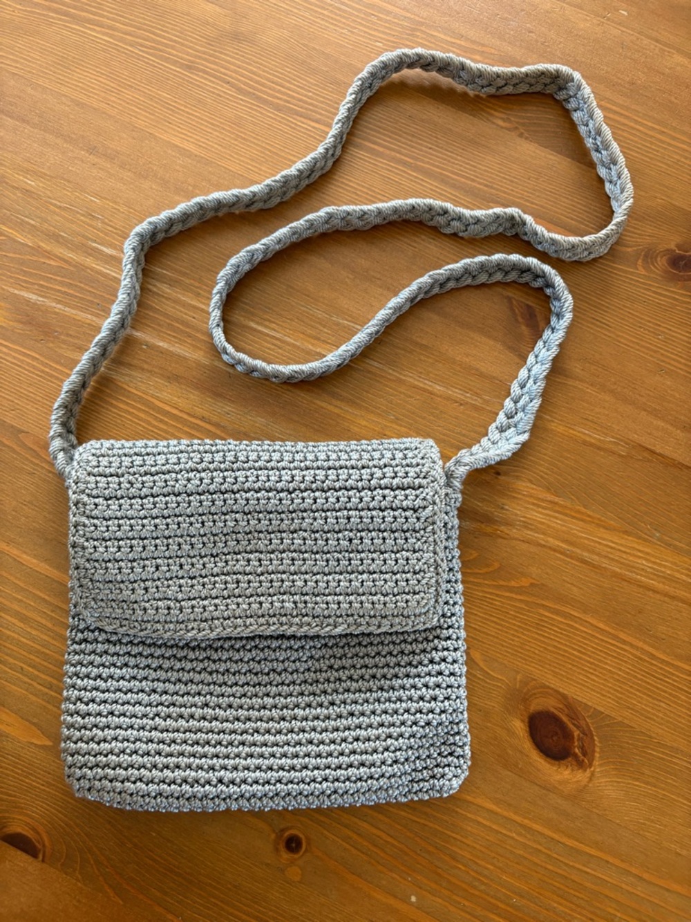 THE SAK Hand Made Crochet Boho Light Gray Crossbody Purse 6" x 7" GUC